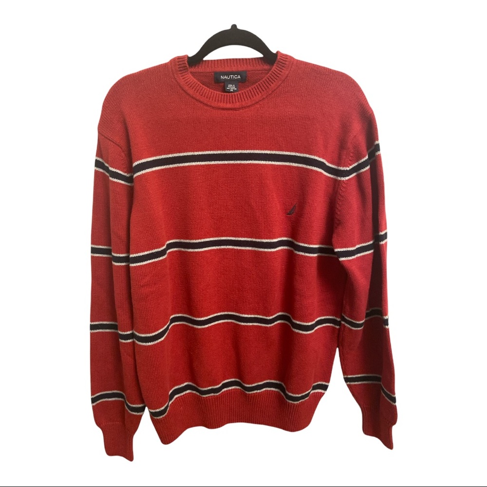 Vintage Nautica sweater men’s medium horizontal stripe red, blue, grey